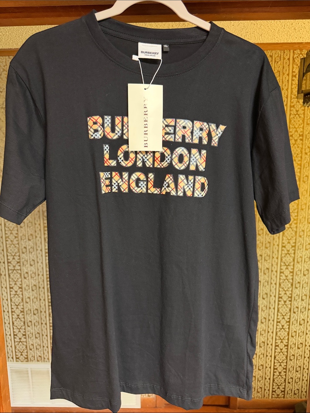 Burberry Black Tee with Signature Beige Check Logo